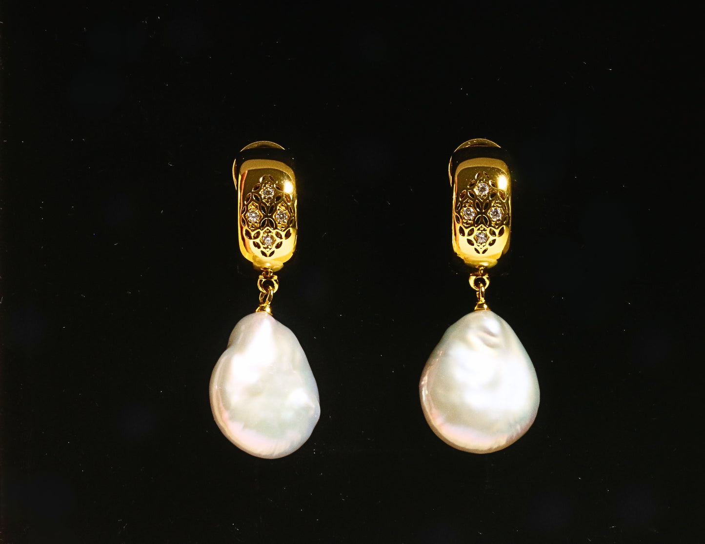Engraved CZ & Drop Pearl Earrings