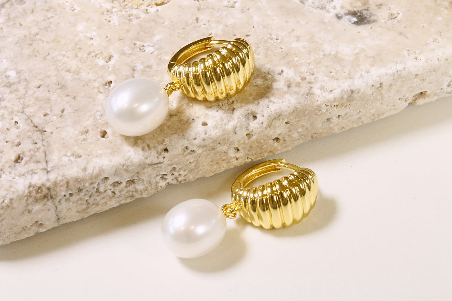 Ribbed Gold Hoops & Freshwater Pearls