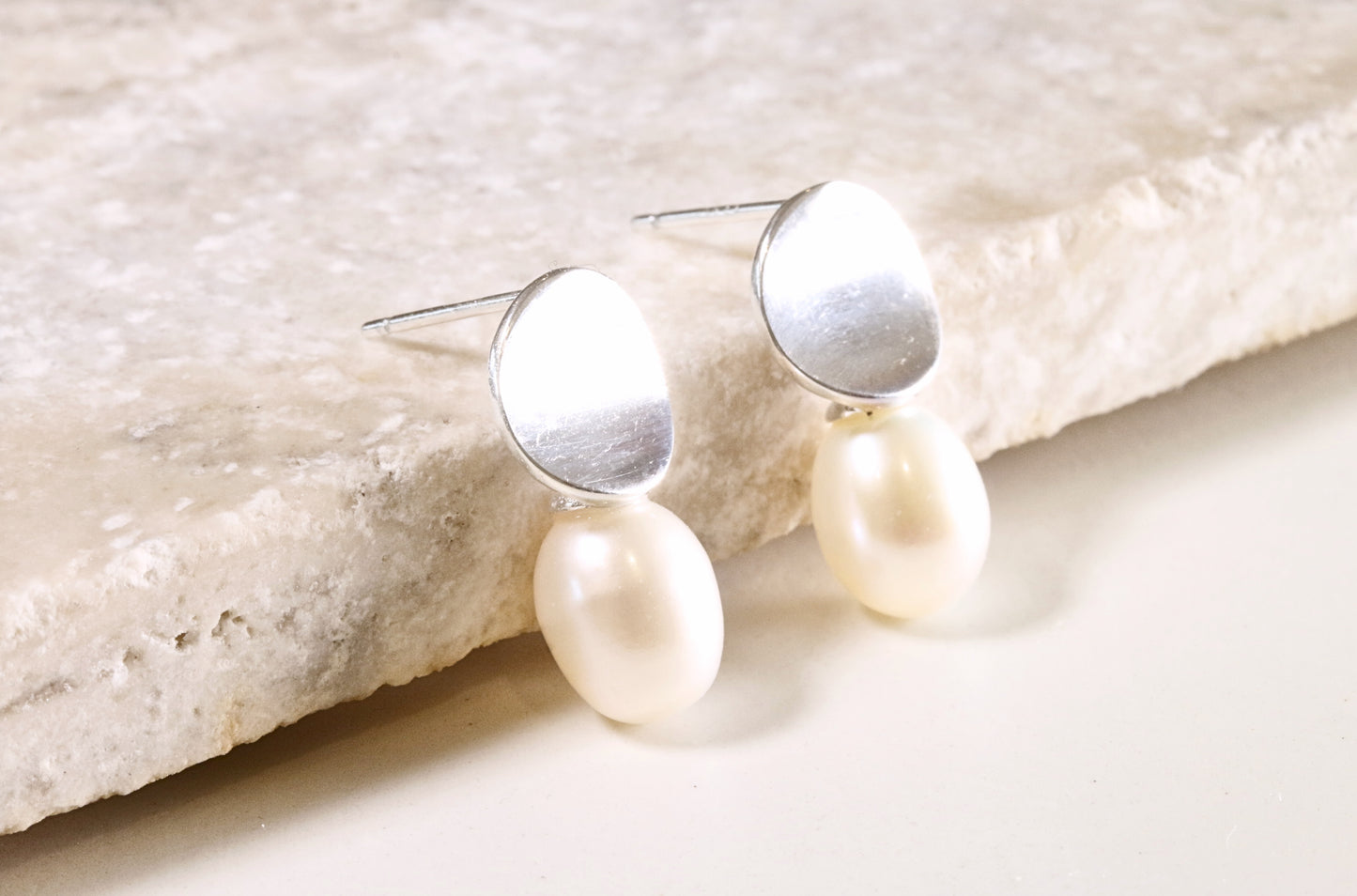 Smooth Silver & Pearl Stud Earrings