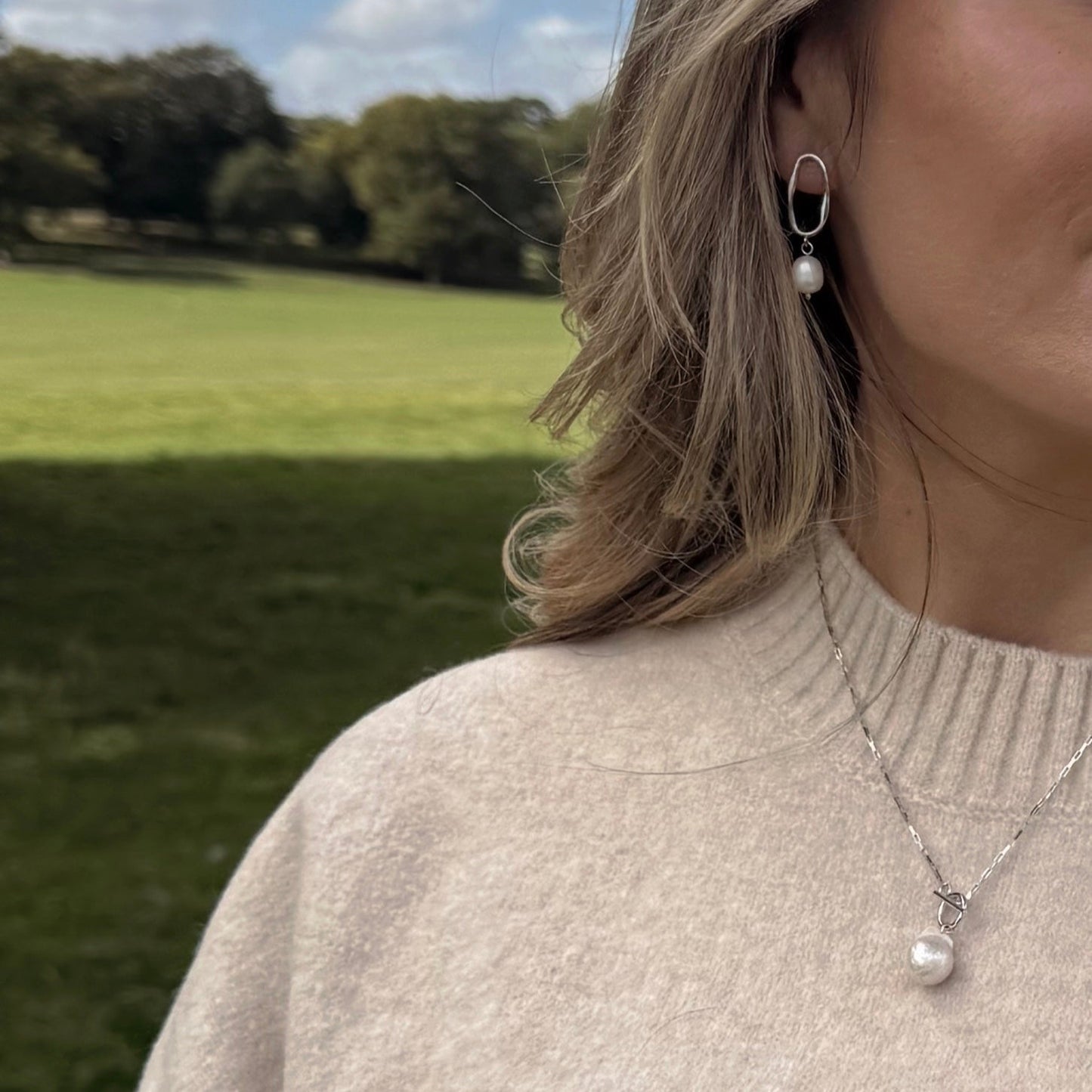 Silver Wavy Hoop & Pearl Drop Earrings