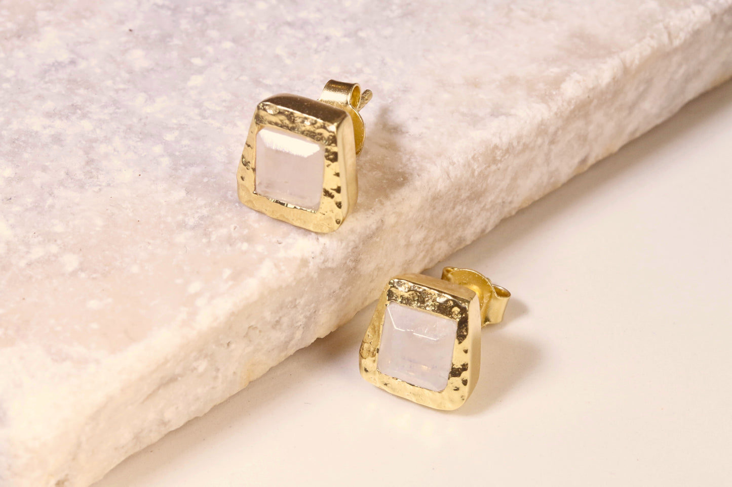 Hammered Square Moonstone Studs