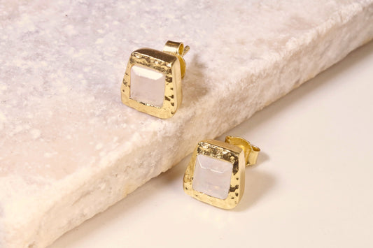 Hammered Square Moonstone Studs