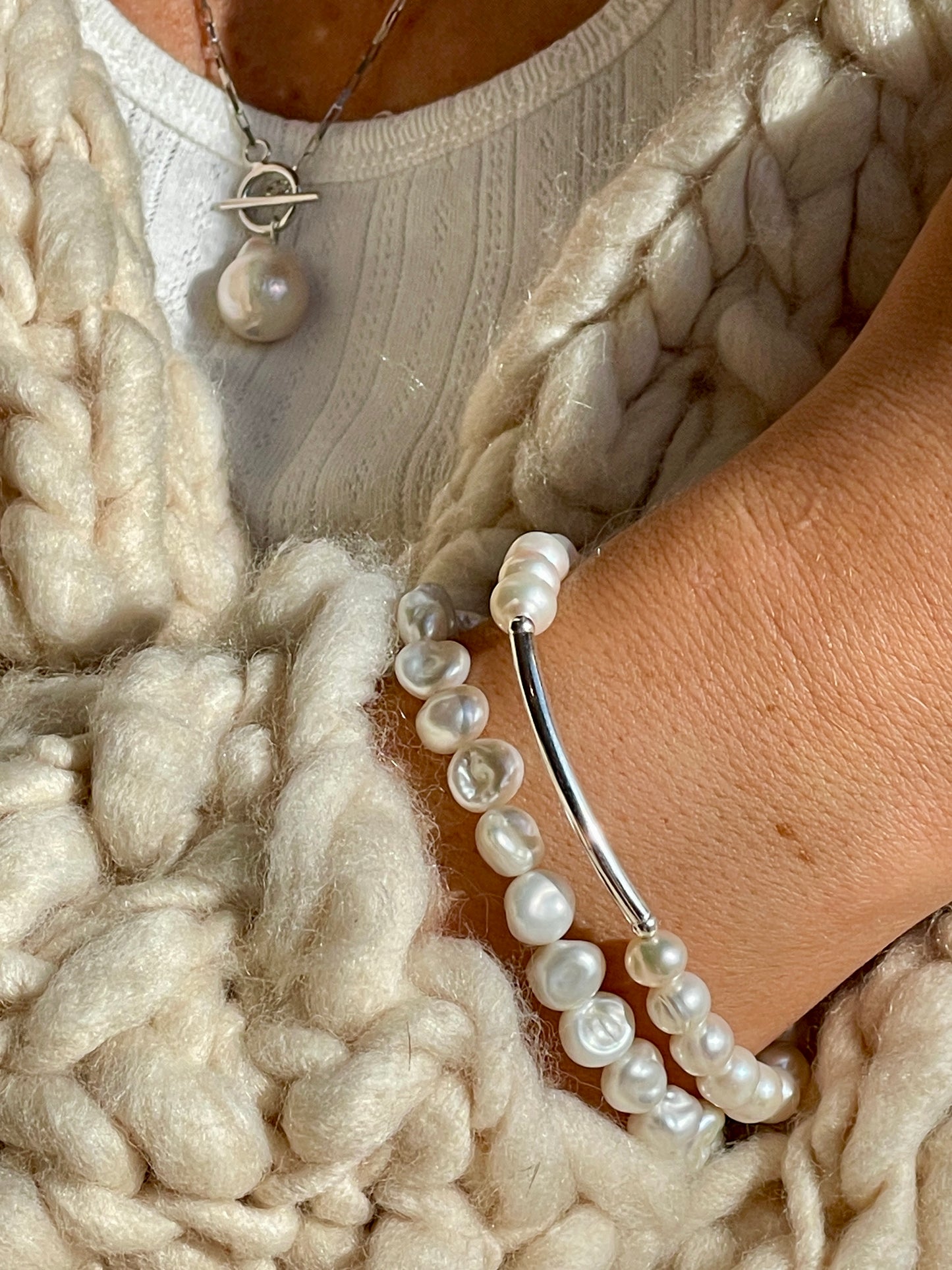 Silver Fresh water Pearl Link Necklace