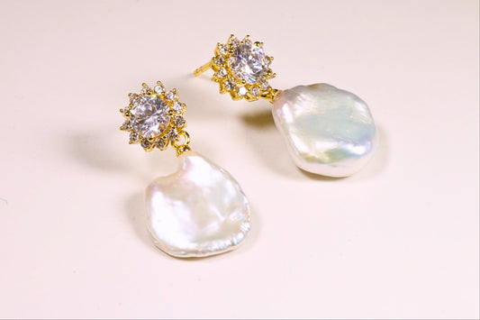 CZ Cluster & Baroque Freshwater Pearl Earrings