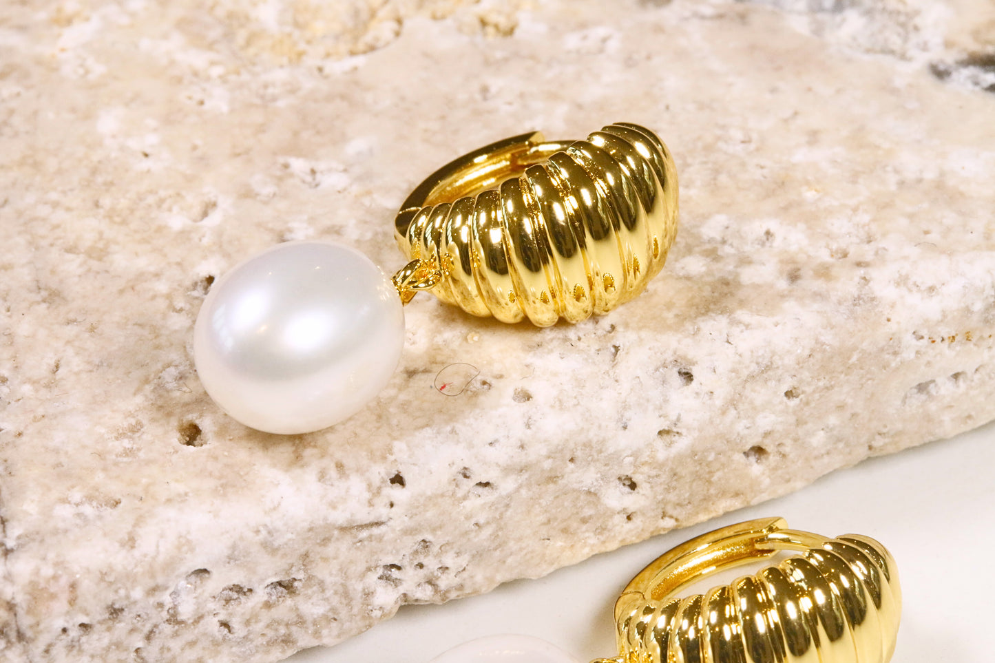 Ribbed Gold Hoops & Freshwater Pearls