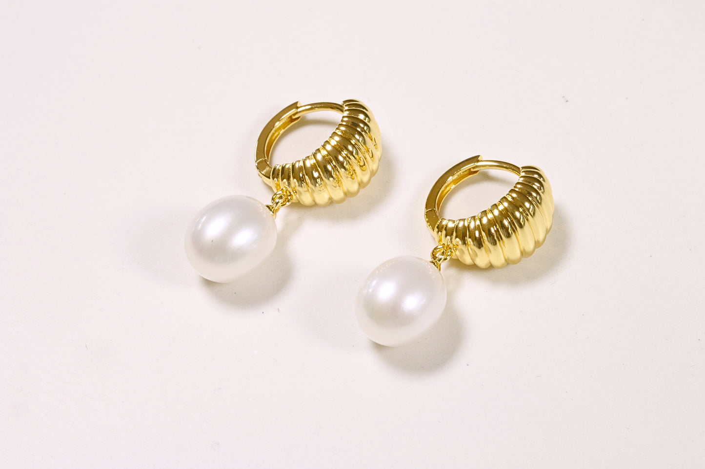 Ribbed Gold Hoops & Freshwater Pearls
