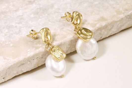 Textured Gold and Pearl drop Earrings