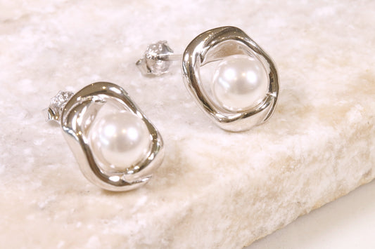 Silver Single Geometric Pearl Stud Earrings