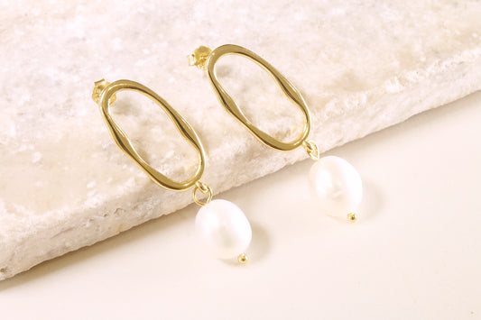 Gold Wavy Hoop & Pearl Drop Earrings