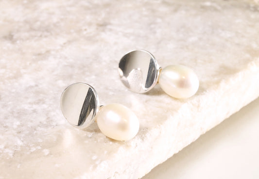Smooth Silver & Pearl Stud Earrings