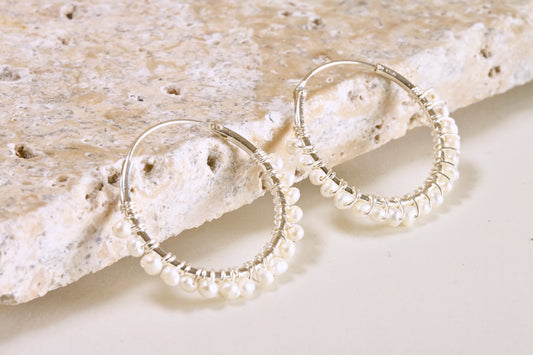 Silver Pearl Hoops
