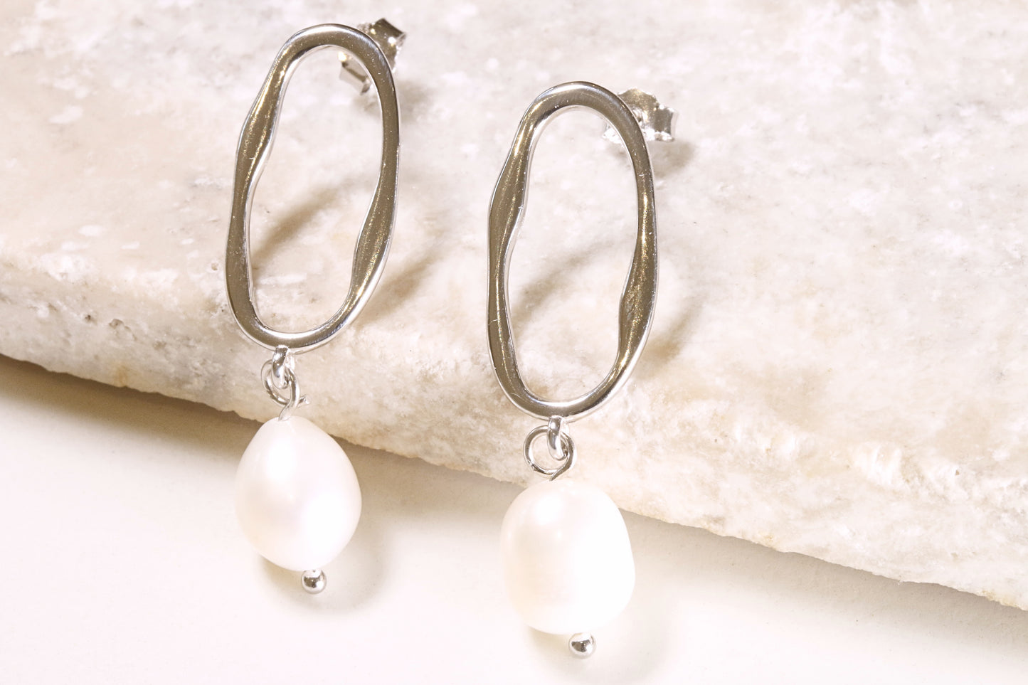 Silver Wavy Hoop & Pearl Drop Earrings