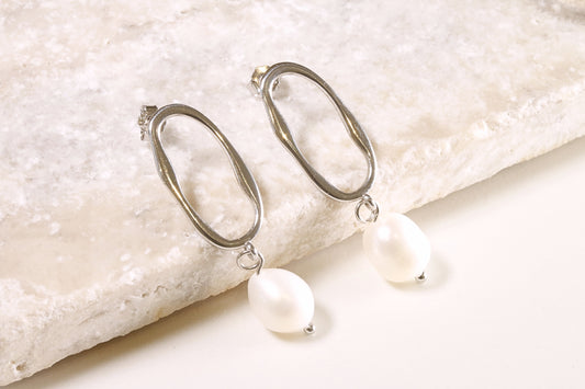 Silver Wavy Hoop & Pearl Drop Earrings